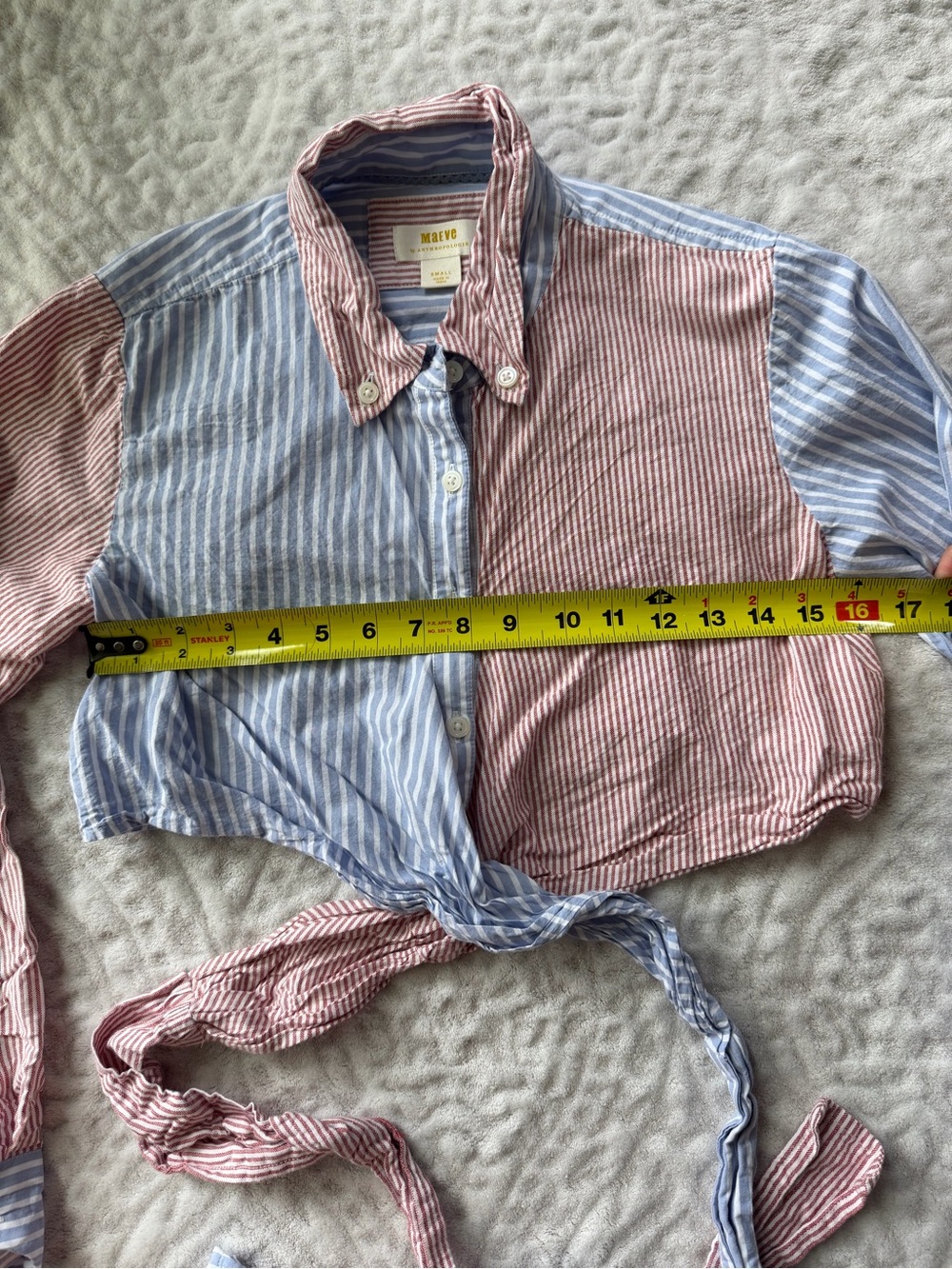 Maeve Two-Tone Striped Wrap Button-Down Shirt - Red & Light Blue Size S - Picture 8 of 10